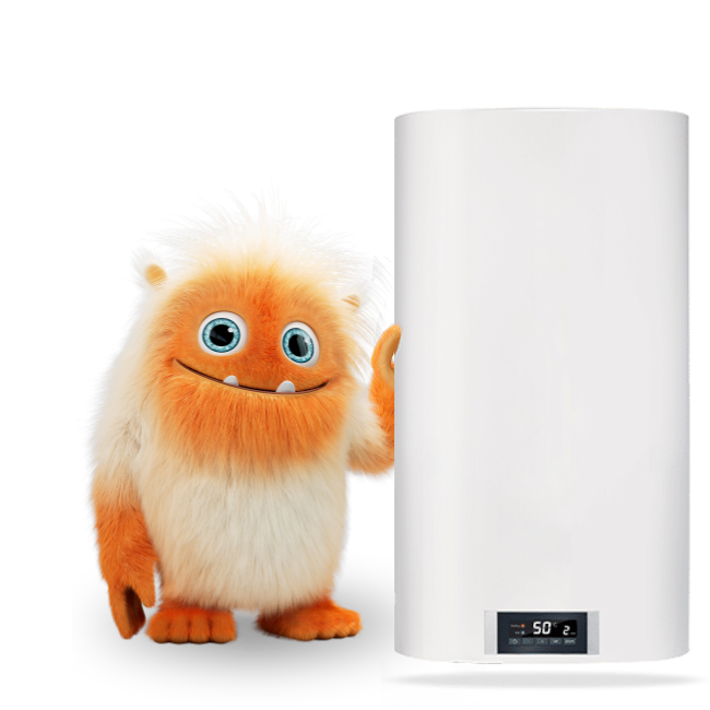 mascotte d'Oméo à côté de sa chaudière