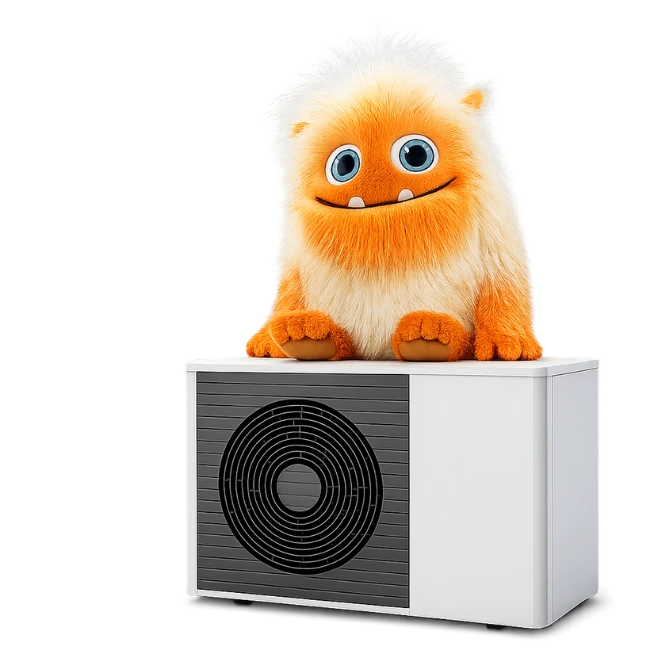 mascotte d'Oméo à côté de sa pompe à chaleur