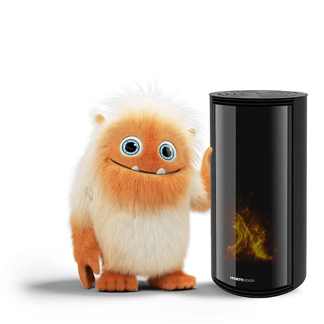 mascotte d'Oméo à côté de son poêle à granulés