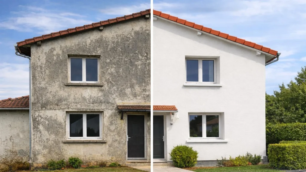 Image d'une maison avant et après avoir réalisé un hydrofuge de façade